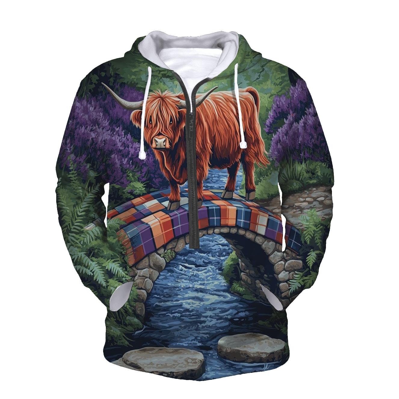 Highland Cow On The Tartan Bridge premium hoodies