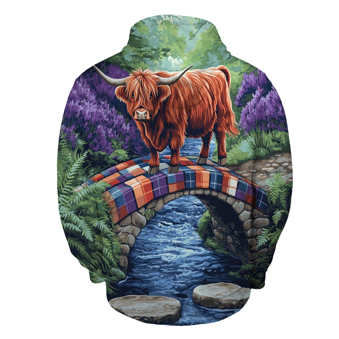 Highland Cow On The Tartan Bridge premium hoodies