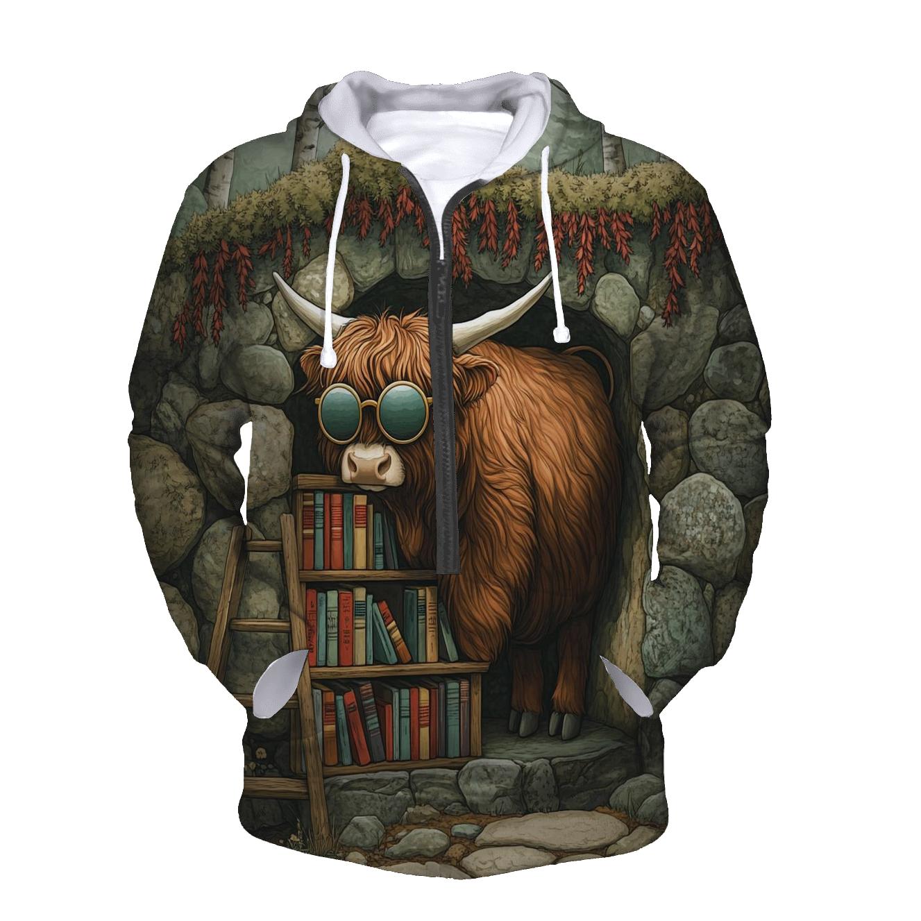 Highland Cow And The Secret Glen Library embroidered hoodies