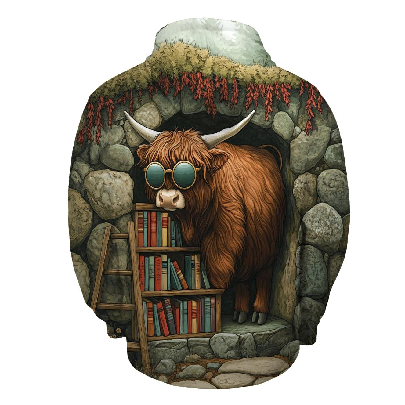 Highland Cow And The Secret Glen Library embroidered hoodies