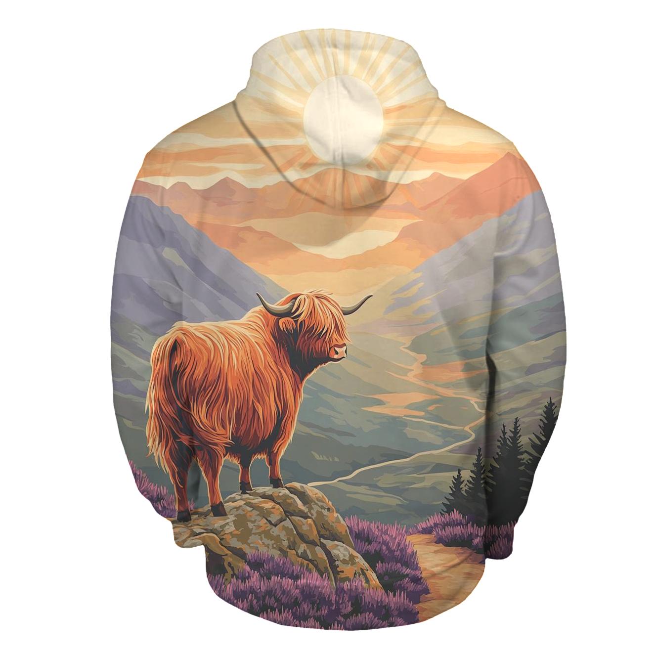 Highland Cow Sunrise On The Ridge lightweight hoodies