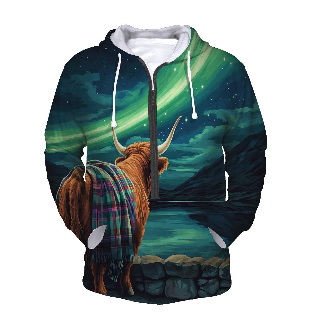 Highland Cow Under The Aurora Glen zip-up hoodies