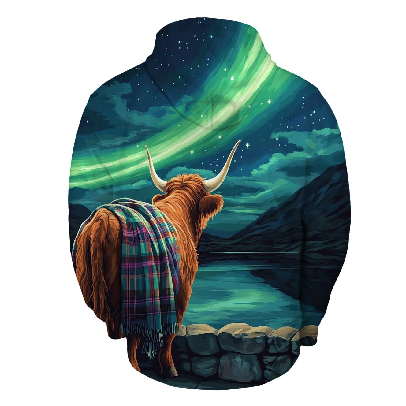 Highland Cow Under The Aurora Glen zip-up hoodies