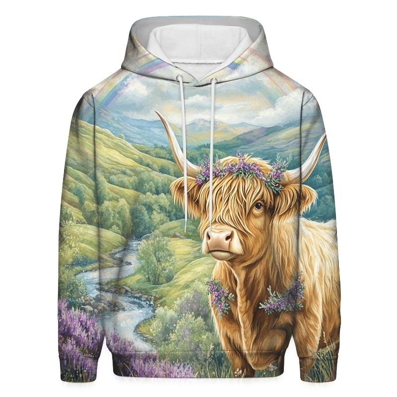 Highland Cow Under Heather Rainbows printed hoodies