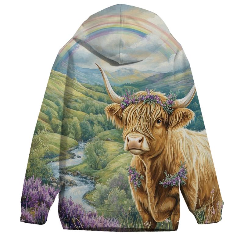 Highland Cow Under Heather Rainbows printed hoodies