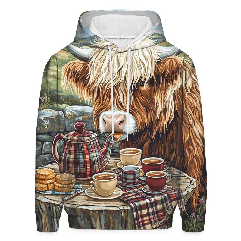 Storybook Tea Time Highland Cow graphic hoodies