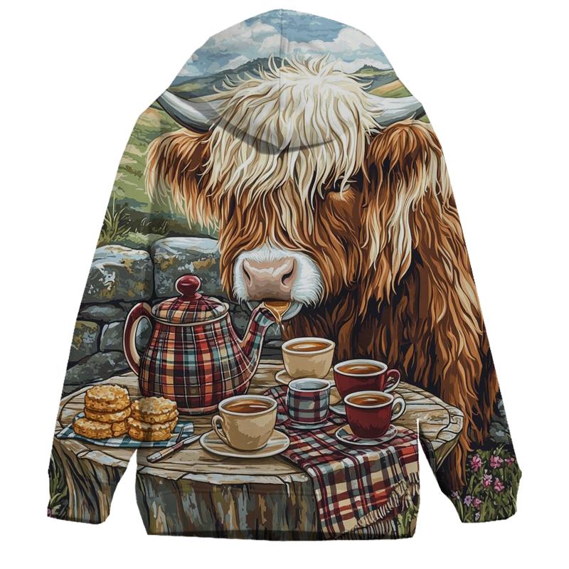 Storybook Tea Time Highland Cow graphic hoodies