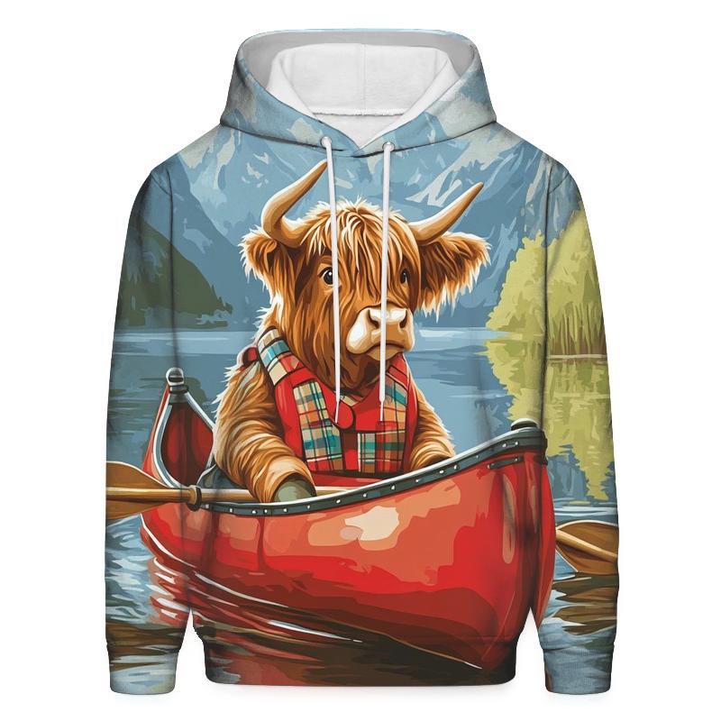 Highland Cow Canoe On The Quiet Loch embroidered hoodies