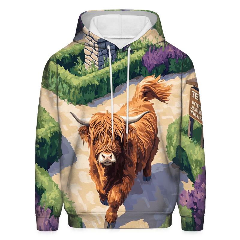 Highland Cow In The Heather Maze zip-up hoodies