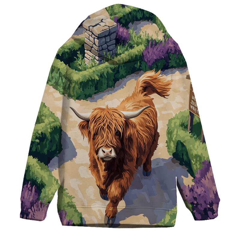 Highland Cow In The Heather Maze zip-up hoodies