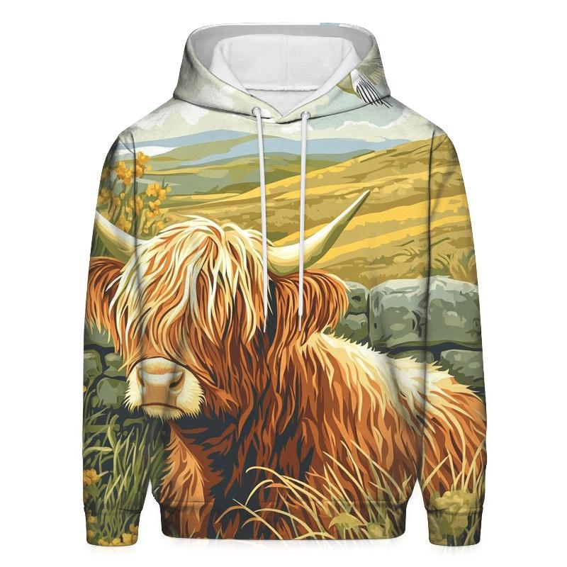 Skylark Serenade Highland Cow Scene premium hoodies