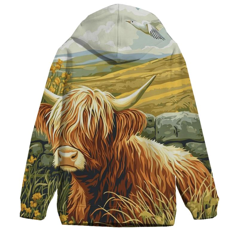 Skylark Serenade Highland Cow Scene premium hoodies