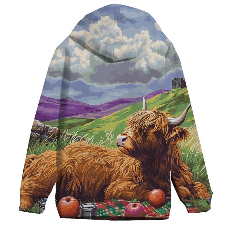 Highland Cow Cloud Watching Picnic zip-up hoodies