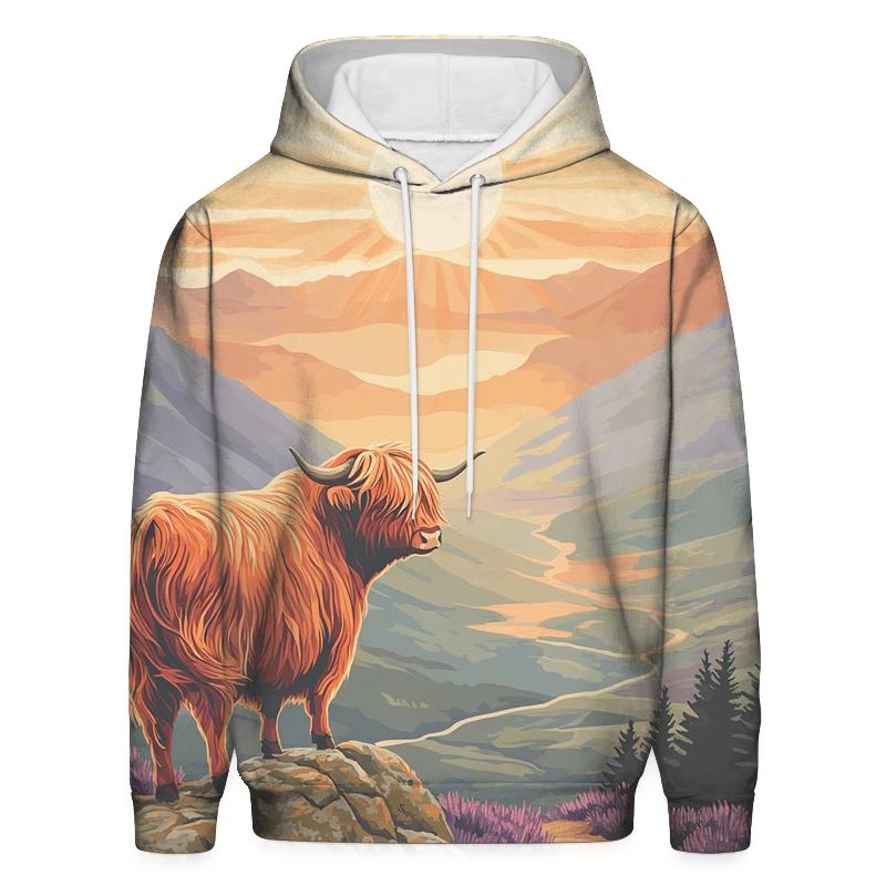 Highland Cow Sunrise On The Ridge graphic hoodies