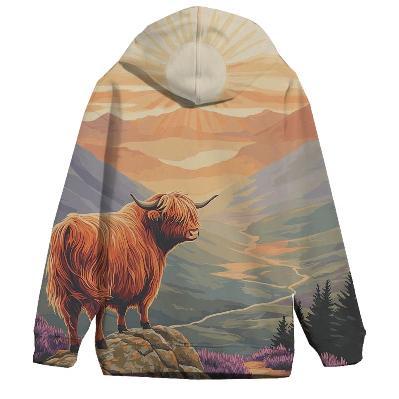 Highland Cow Sunrise On The Ridge graphic hoodies