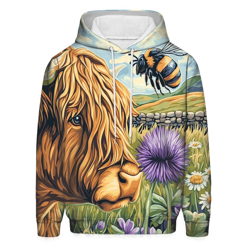 Highland Cow Bee Friend Meadow pullover hoodies