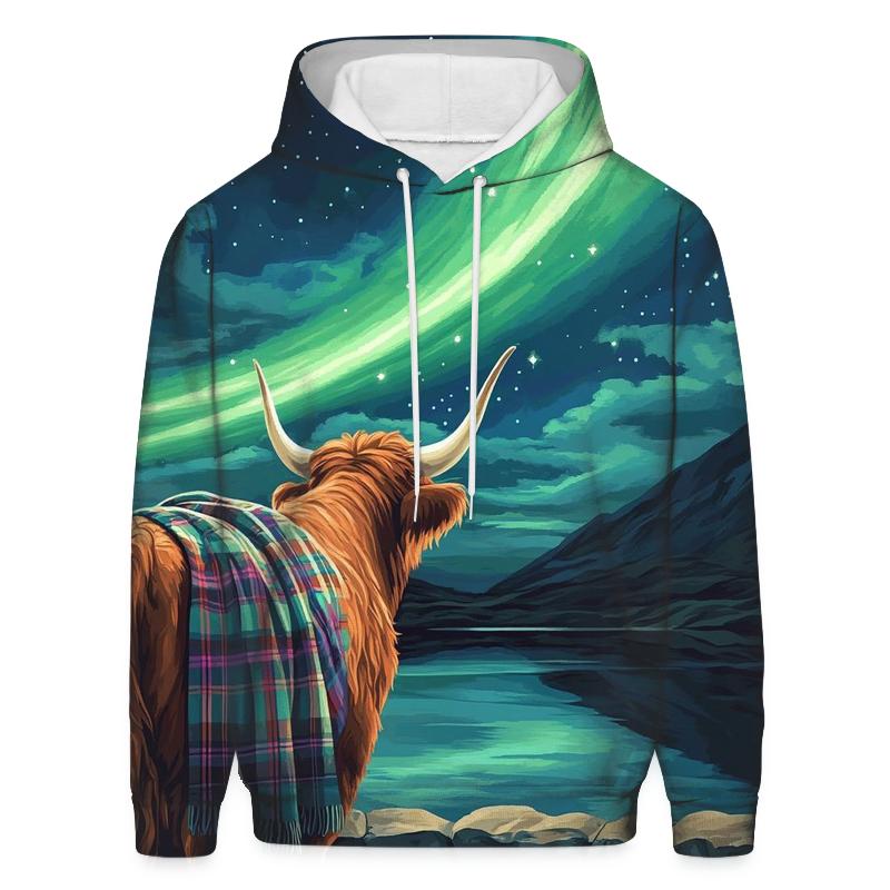 Highland Cow Under The Aurora Glen embroidered hoodies