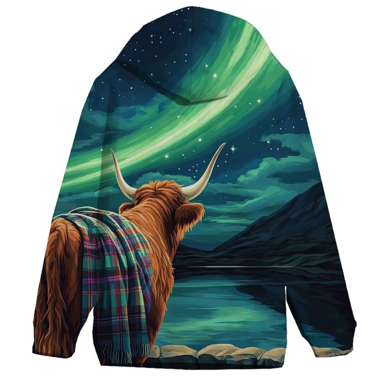 Highland Cow Under The Aurora Glen embroidered hoodies