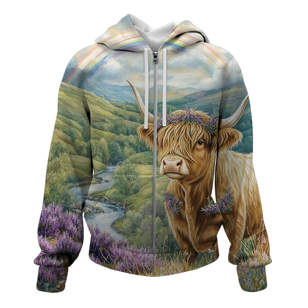 Highland Cow Under Heather Rainbows custom hoodies