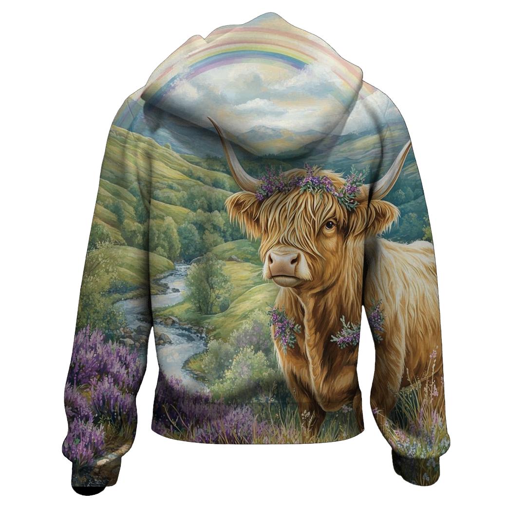 Highland Cow Under Heather Rainbows custom hoodies
