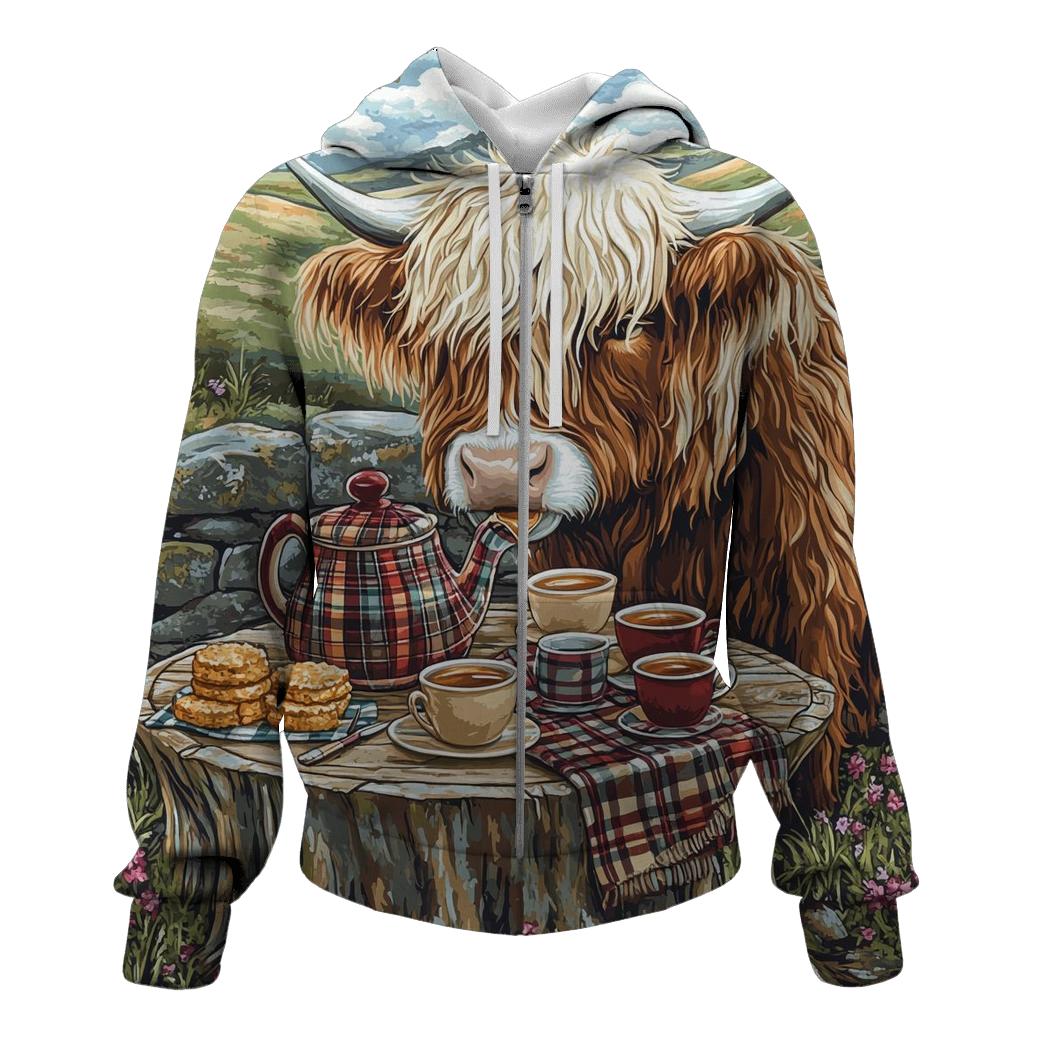 Storybook Tea Time Highland Cow embroidered hoodies