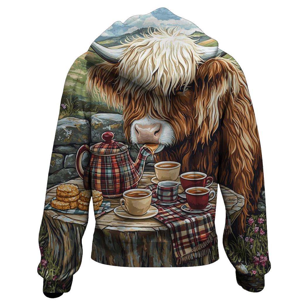 Storybook Tea Time Highland Cow embroidered hoodies
