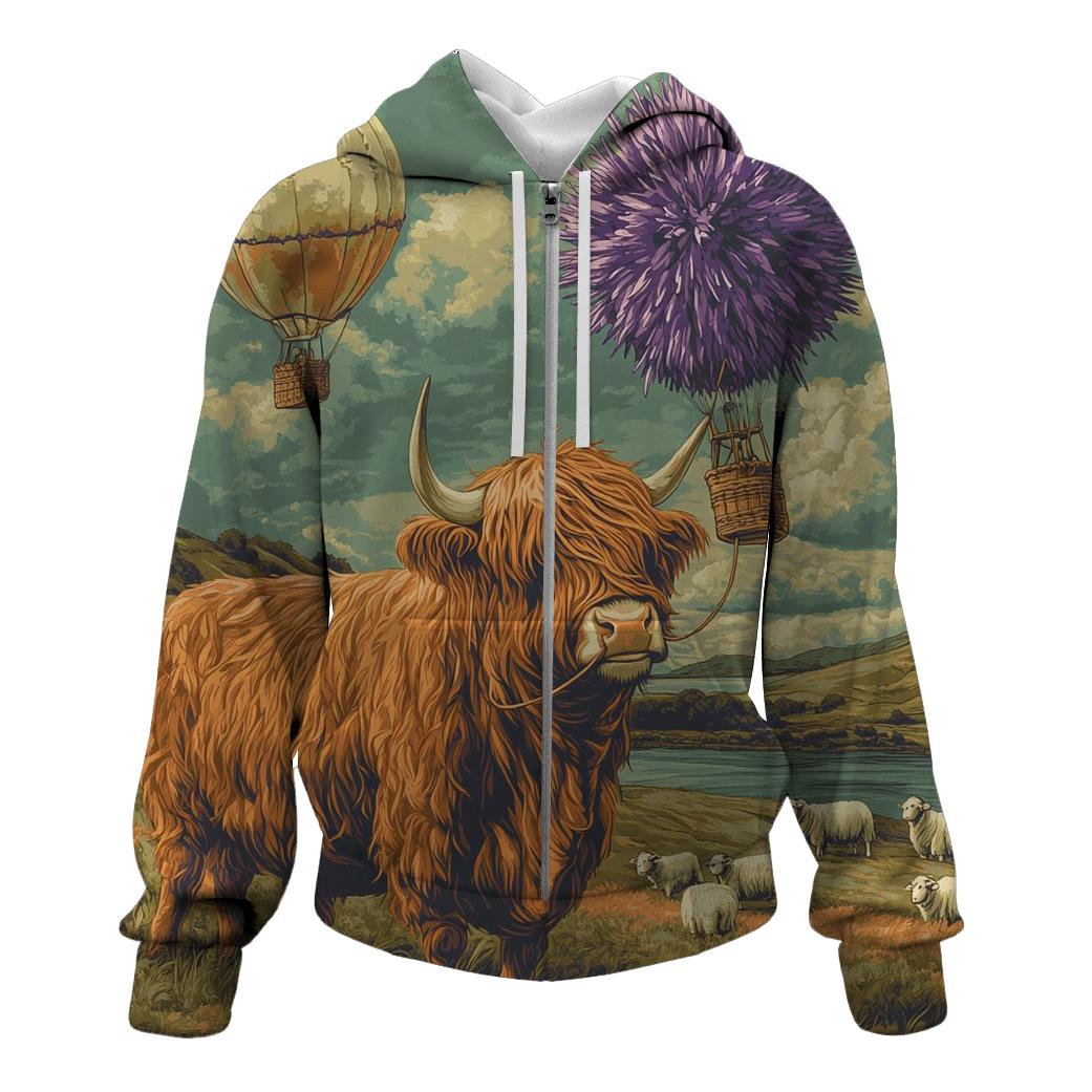 Highland Cow And The Floating Thistle Balloon graphic hoodies