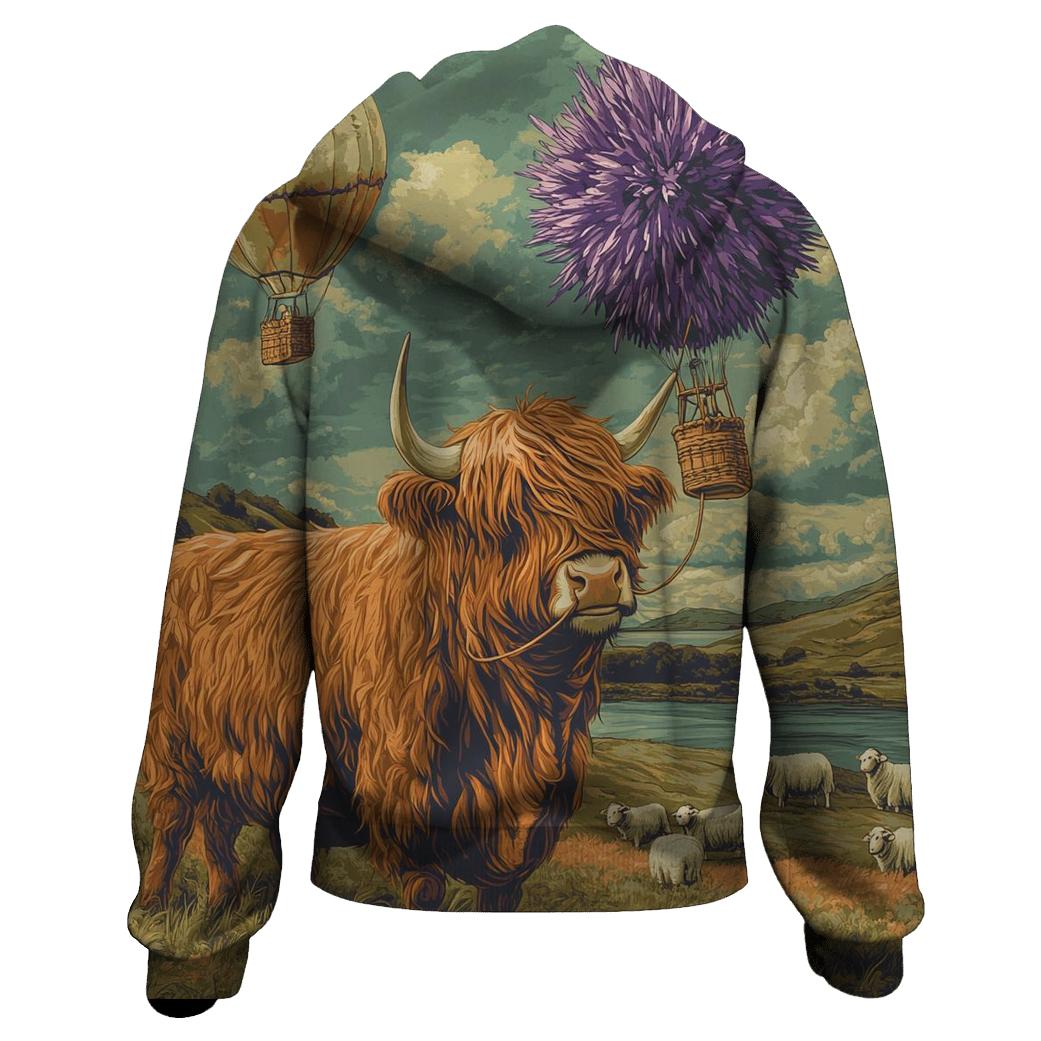 Highland Cow And The Floating Thistle Balloon graphic hoodies