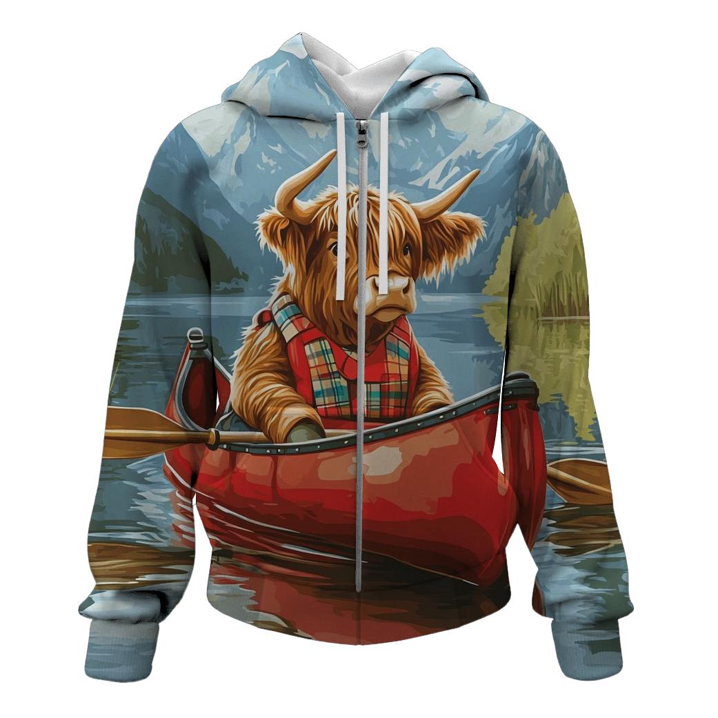 Highland Cow Canoe On The Quiet Loch zip-up hoodies