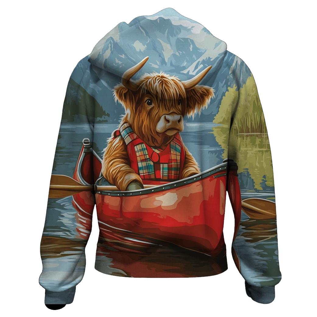 Highland Cow Canoe On The Quiet Loch zip-up hoodies