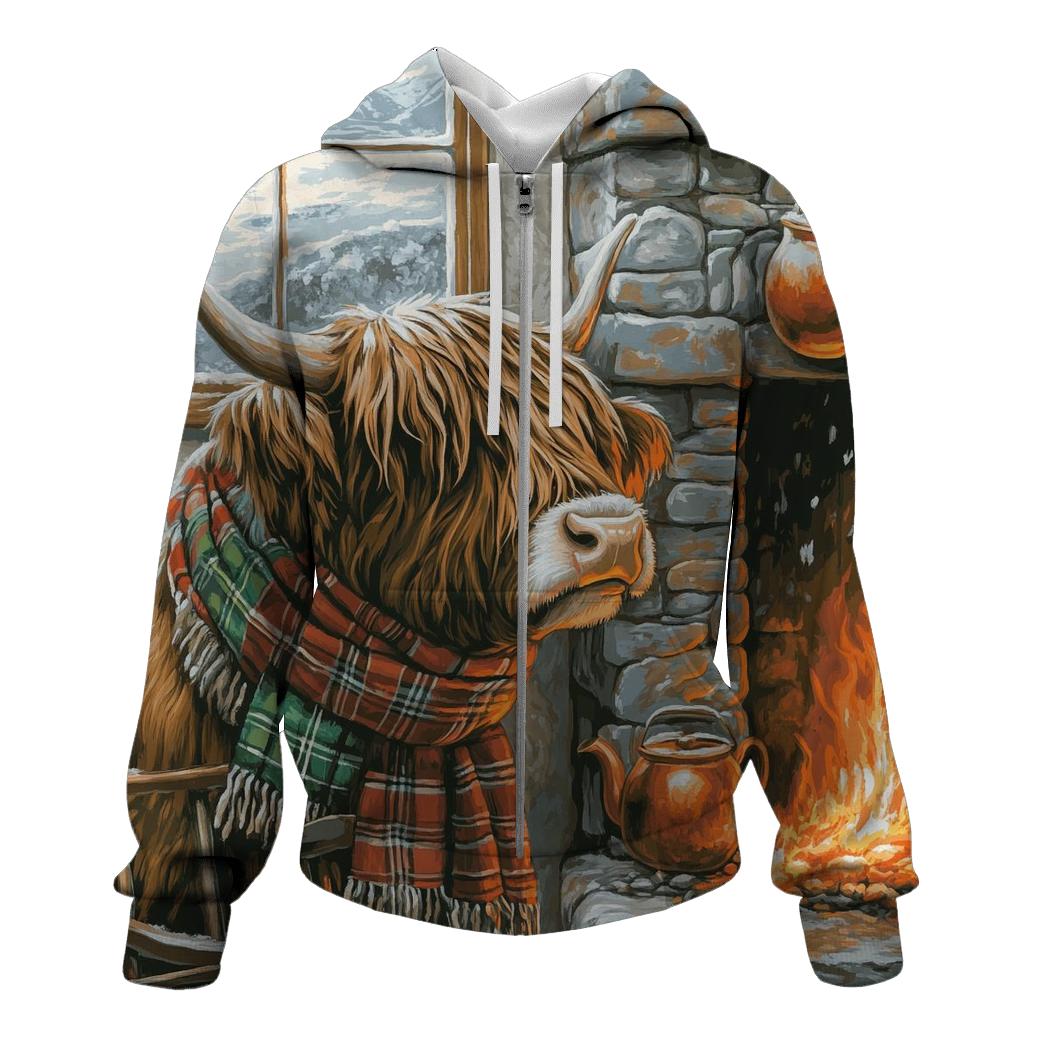 Winter Hearth Highland Cow Portrait embroidered hoodies