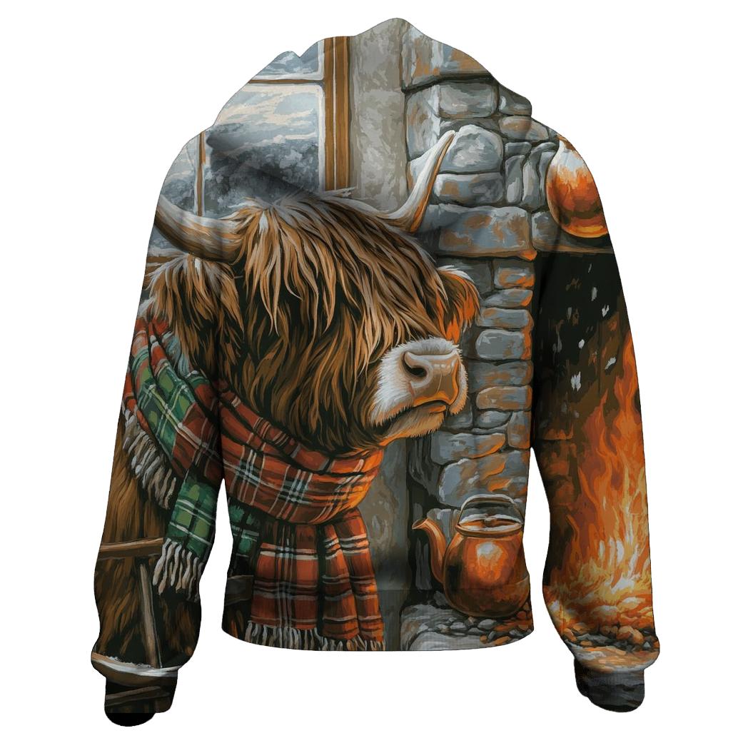 Winter Hearth Highland Cow Portrait embroidered hoodies