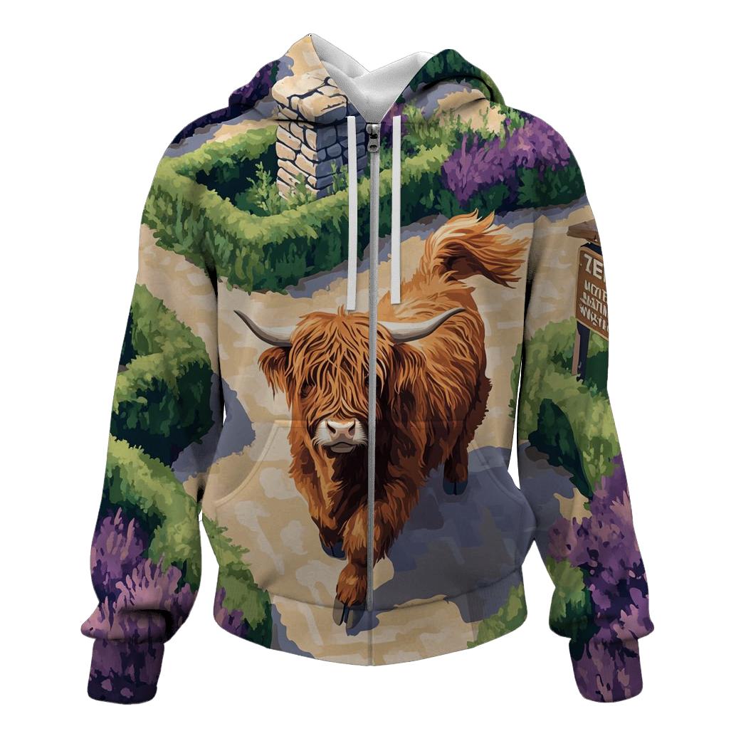 Highland Cow In The Heather Maze designer hoodies