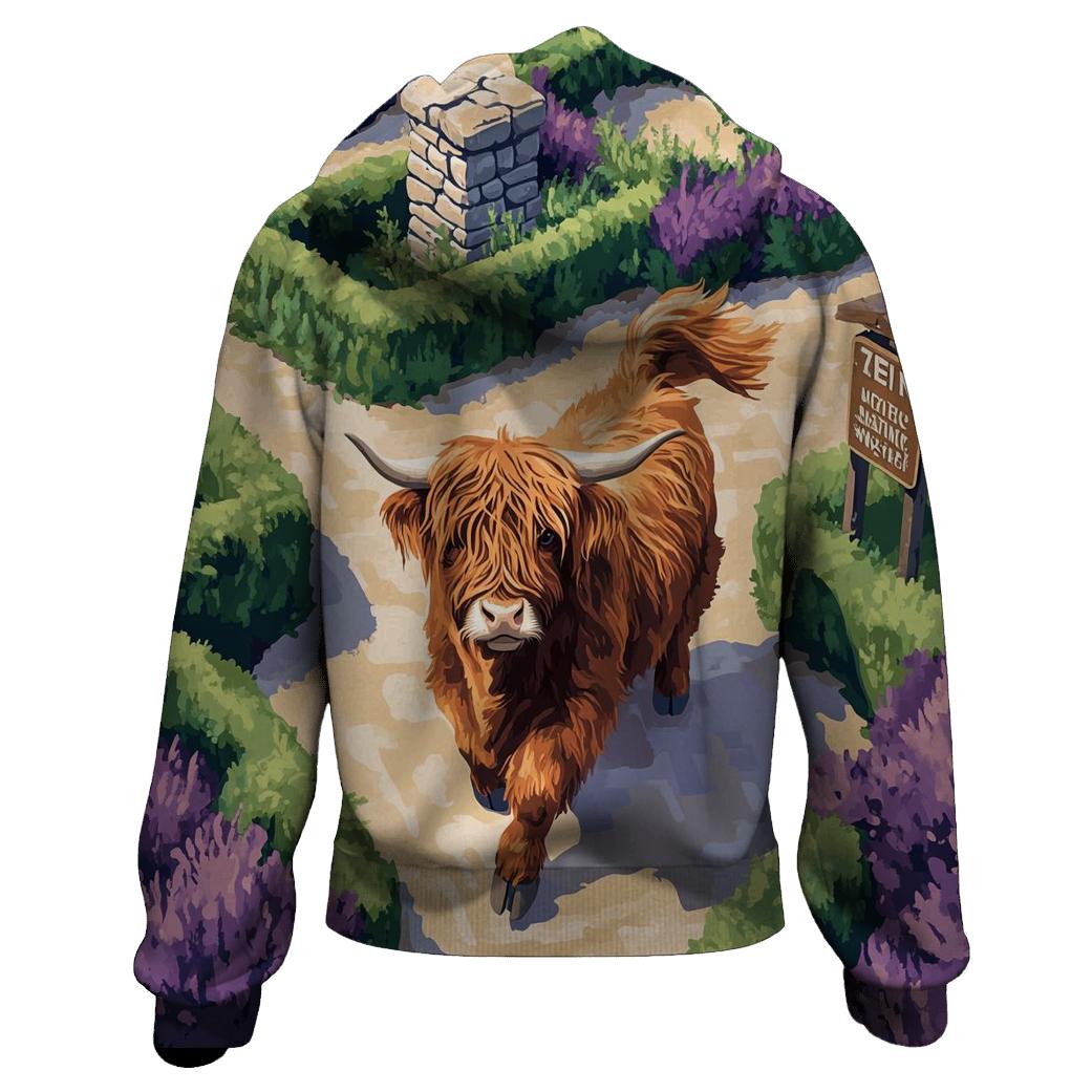 Highland Cow In The Heather Maze designer hoodies