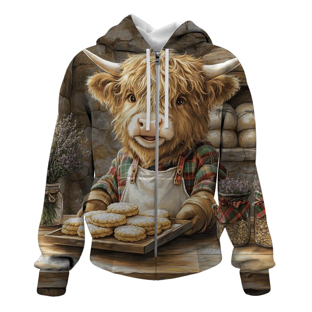 Highland Cow Baker At The Oatcake Stall heavyweight hoodies