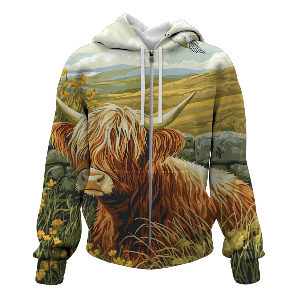 Skylark Serenade Highland Cow Scene embroidered hoodies