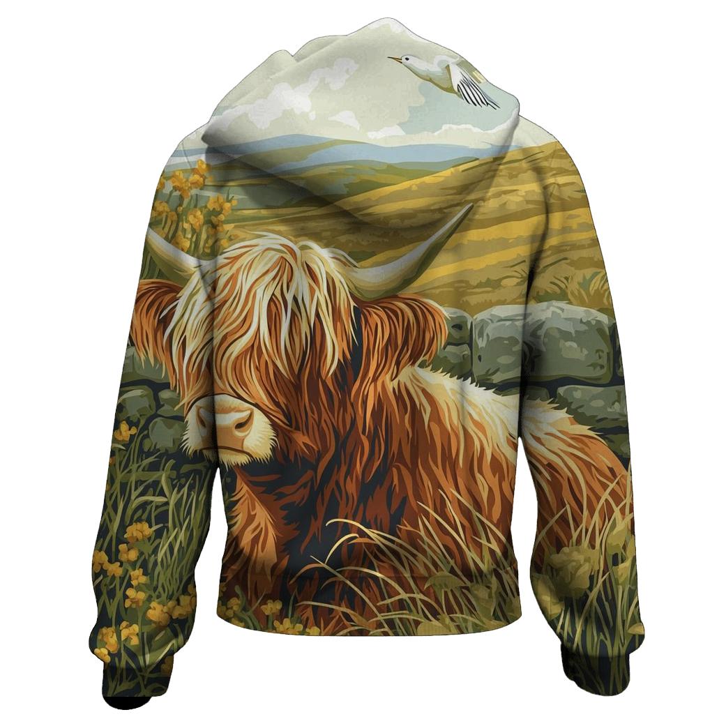 Skylark Serenade Highland Cow Scene embroidered hoodies