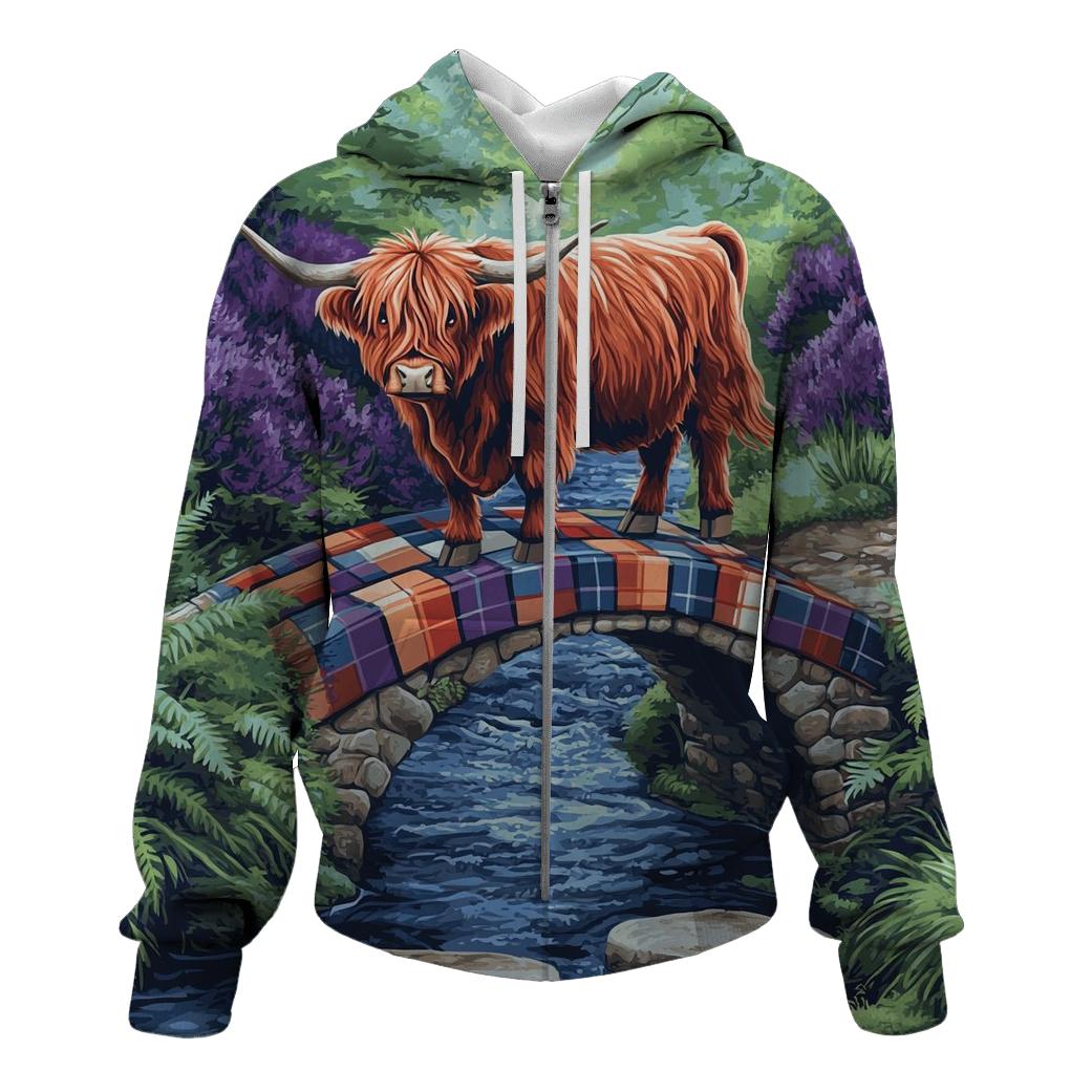 Highland Cow On The Tartan Bridge premium hoodies