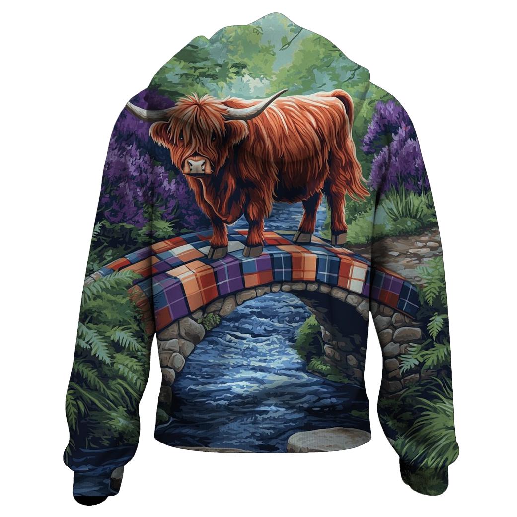 Highland Cow On The Tartan Bridge premium hoodies
