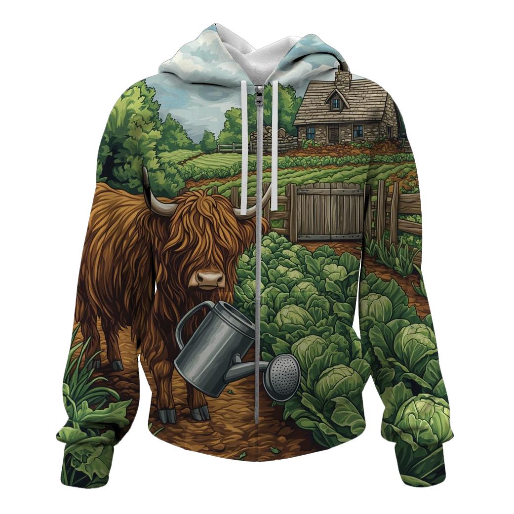 Highland Cow Gardener In The Croft Plot graphic hoodies