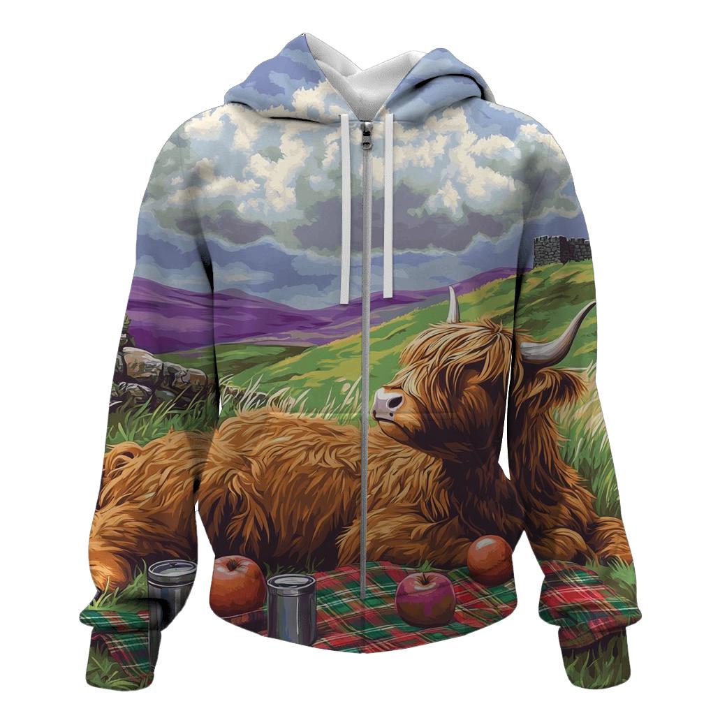 Highland Cow Cloud Watching Picnic embroidered hoodies