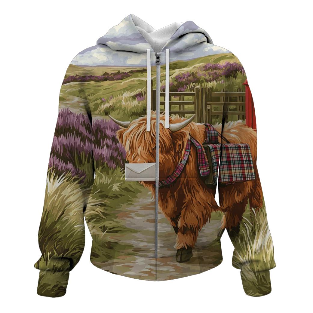 Highland Cow Mail Carrier On The Moor printed hoodies