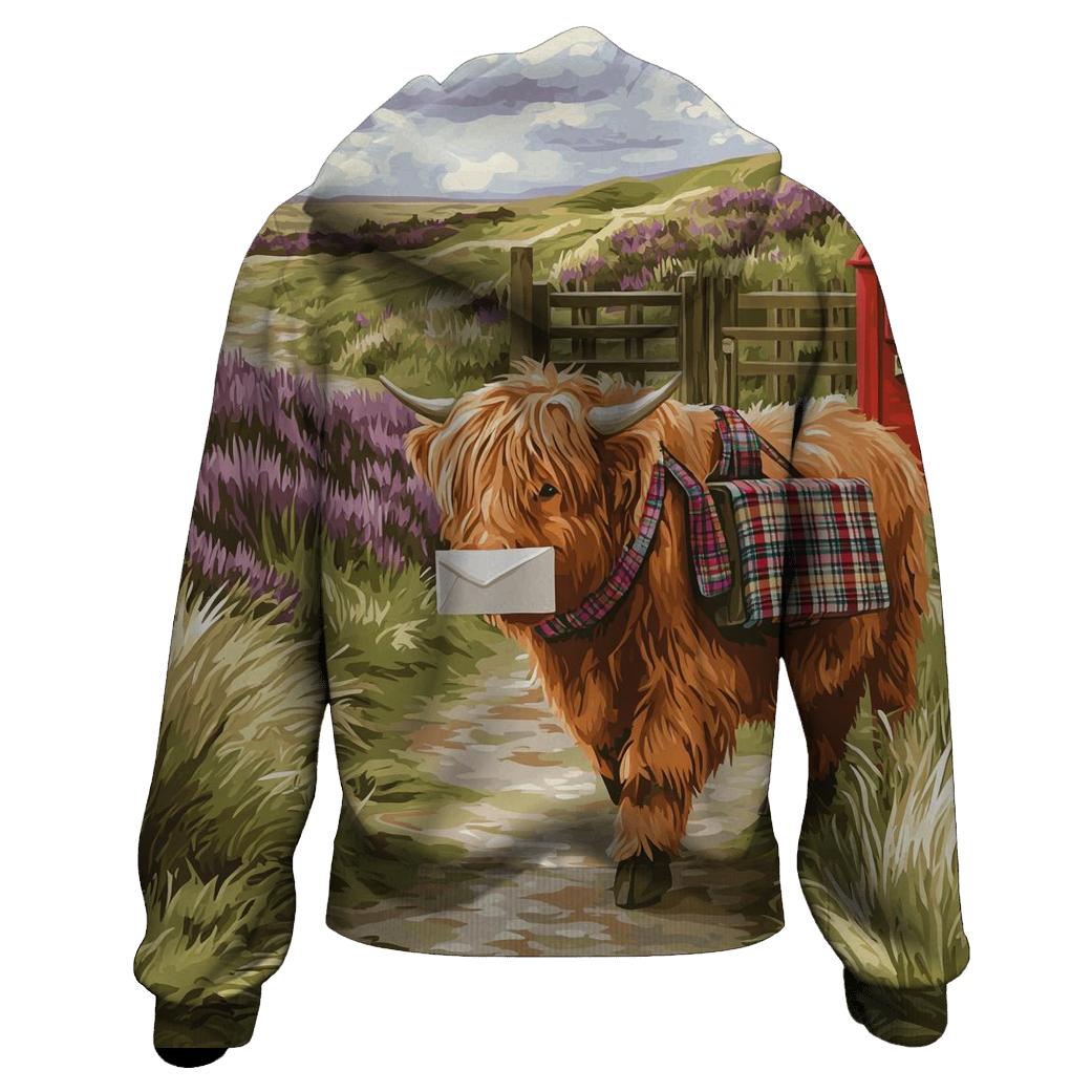 Highland Cow Mail Carrier On The Moor printed hoodies