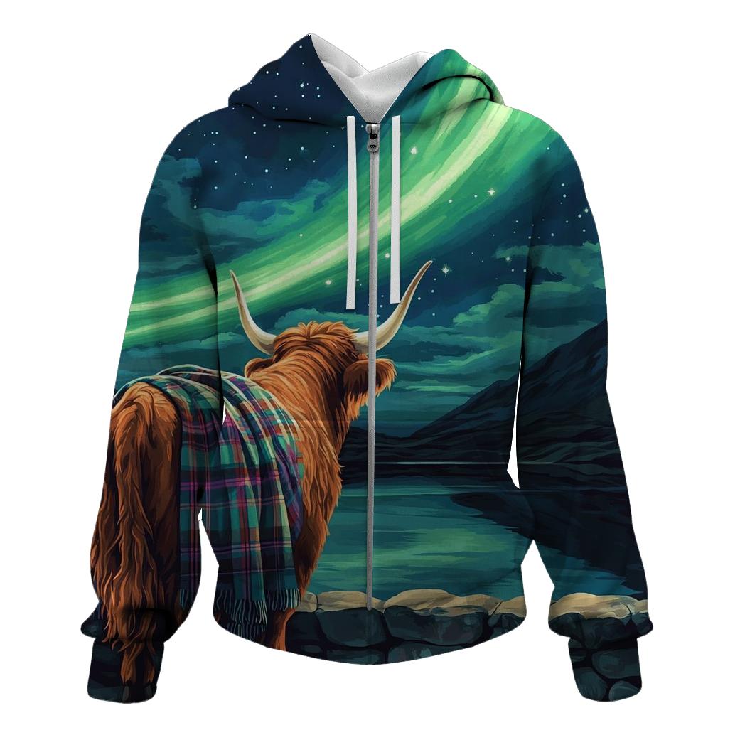 Highland Cow Under The Aurora Glen lightweight hoodies