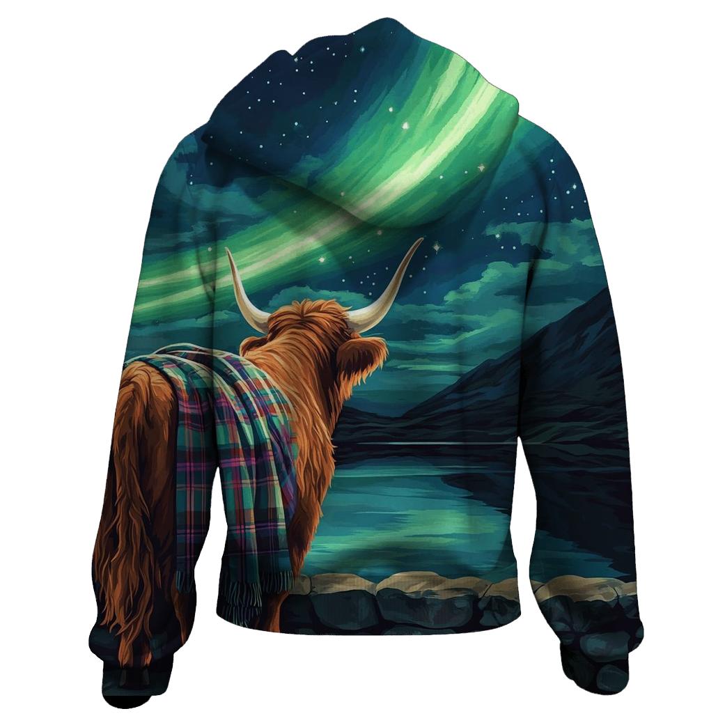 Highland Cow Under The Aurora Glen lightweight hoodies