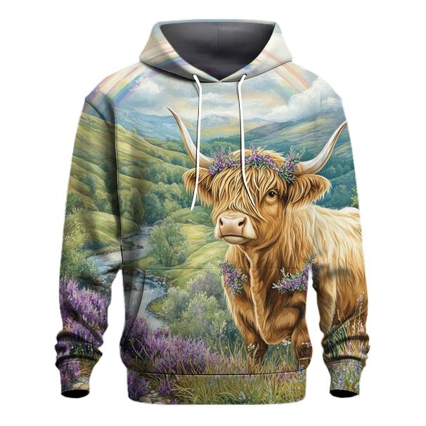 Highland Cow Under Heather Rainbows printed hoodies