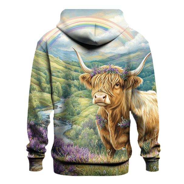 Highland Cow Under Heather Rainbows printed hoodies