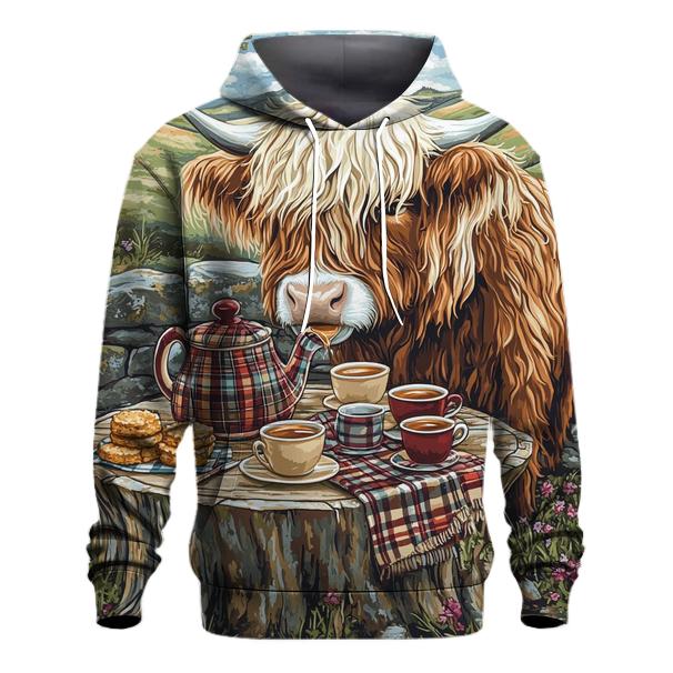 Storybook Tea Time Highland Cow embroidered hoodies