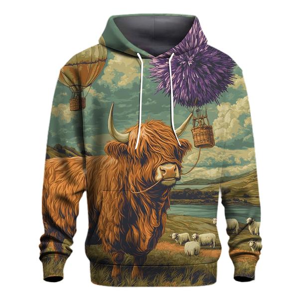 Highland Cow And The Floating Thistle Balloon heavyweight hoodies