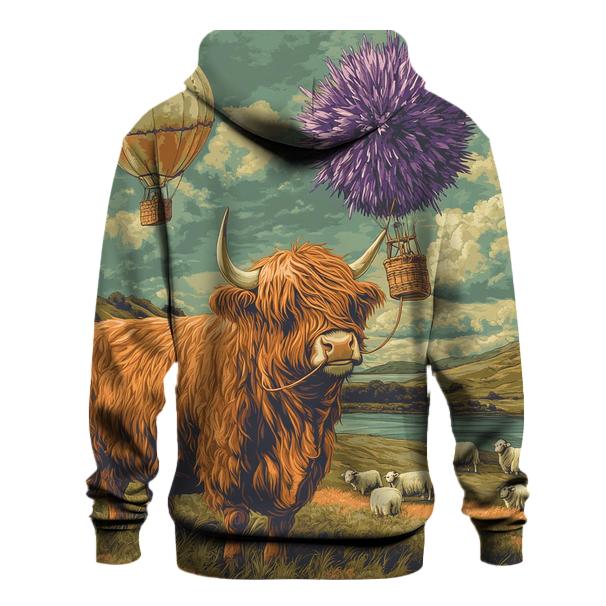 Highland Cow And The Floating Thistle Balloon heavyweight hoodies